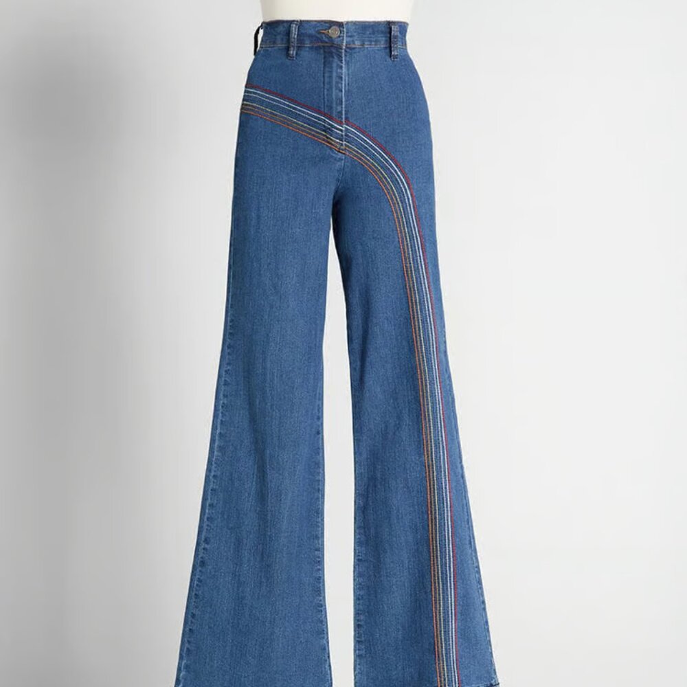 ModCloth Rainbow with Me Wide-leg Jeans Size 4, Retro 70s Embroidered Jean